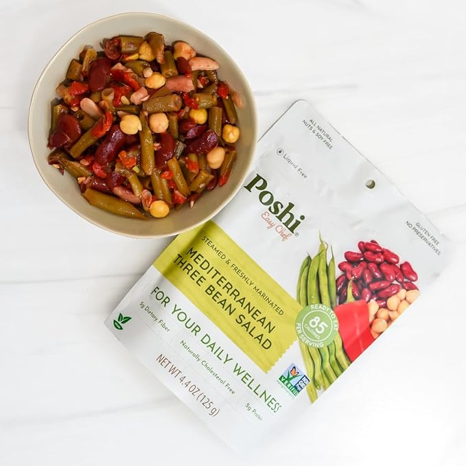 POSHI Mediterranean Three Bean Salad Natural Keto Vegan Non GMO Low Carb + Calorie Gluten Free Ready to Eat Fully Cooked Vegetables Pentry Food Gourmet Healthy Travel Food 6 Pack 4.4 oz