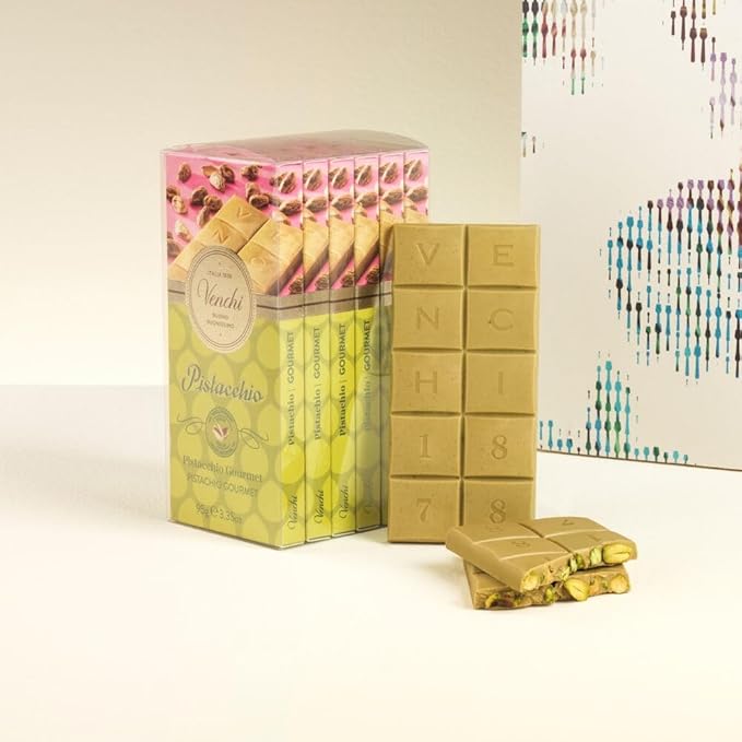 Venchi - Gourmet Pistachio Chocolate Bar Kit 20.1 oz (6 x 3.35 oz) White Chocolate Bars with Whole Pistachios Gluten-Free No Artificial Colors or Preservatives