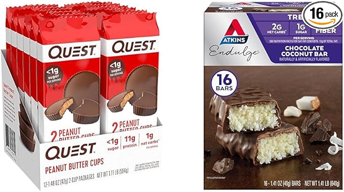 Quest High Protein Peanut Butter Cups (17.76 Oz) and Atkins Chocolate Coconut Bars with Fiber (16 Count)
