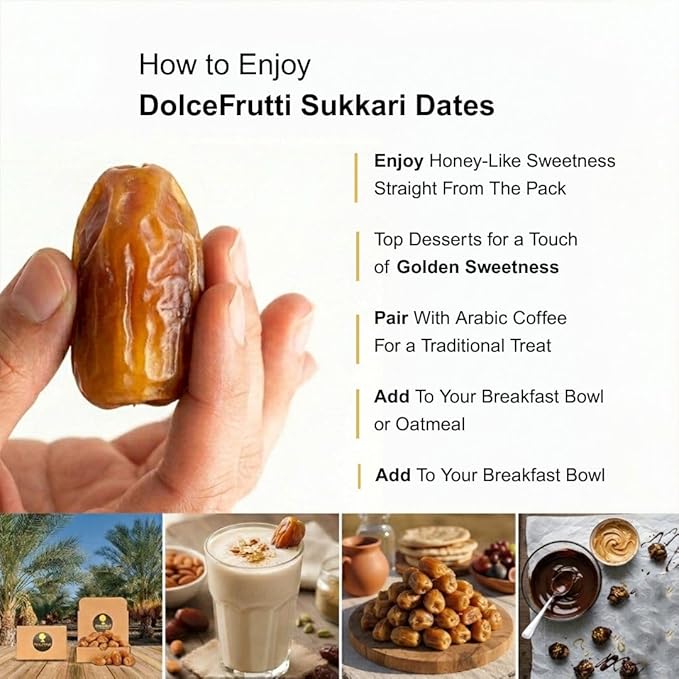 Dolce Frutti Sukkari Dates – Premium Soft &amp Naturally Sweet No Added Sugar 100% Organic &amp Flavorful High Fiber Healthy Snack for Kids and Adults. Perfect for Cooking Baking &amp Smoothie
