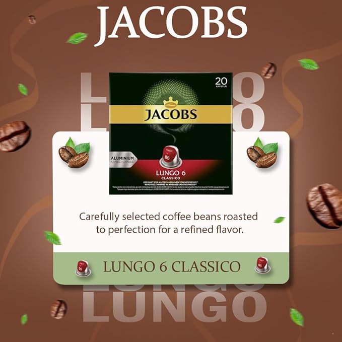 Jacobs Lungo 6 Classico 10x20 CAPSULES Coffee Capsules Compatible with (052 USD/CAP)