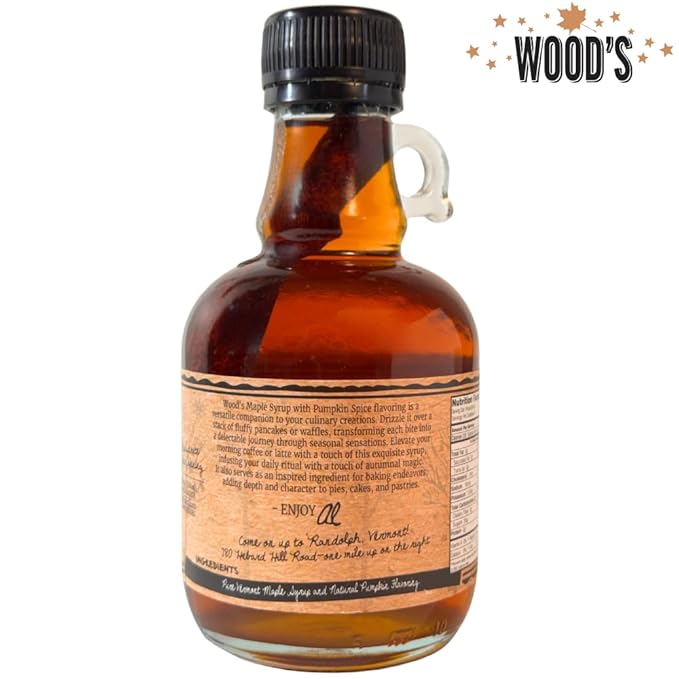 WOOD'S Pumpkin Spice Maple Syrup – Small-Batch Vermont Maple Syrup Infused with Cozy Fall Spices | Natural Vegan Sweetener for Coffee Pancakes Baking &amp More | 8.45 Fl Oz (250mL)