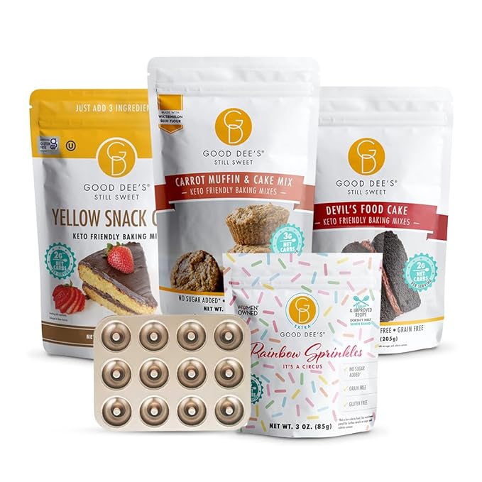 Good Dee's Ultimate Baking Mixes Bundle: Bake up low-carb delight mixes with rainbow sprinkles and a nonstick donut pan! Indulge guilt-free!
