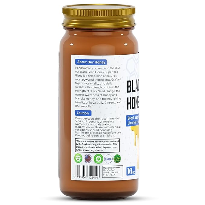 Herb To Body Black Seed Honey 16oz - Premium Superfood Blend with Organic Manuka Honey Royal Jelly Ginseng Bee Propolis &amp Licorice Gluten Free Non GMO Immune Booster