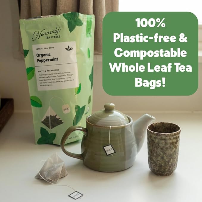 Heavenly Tea Leaves Organic Jasmine Green (50 Pyramid Tea Bags) Bulk Compostable Green Tea Sachets - 100% Plastic Free Premium Quality Whole Tea Leaves in a Convenient Tea Bag