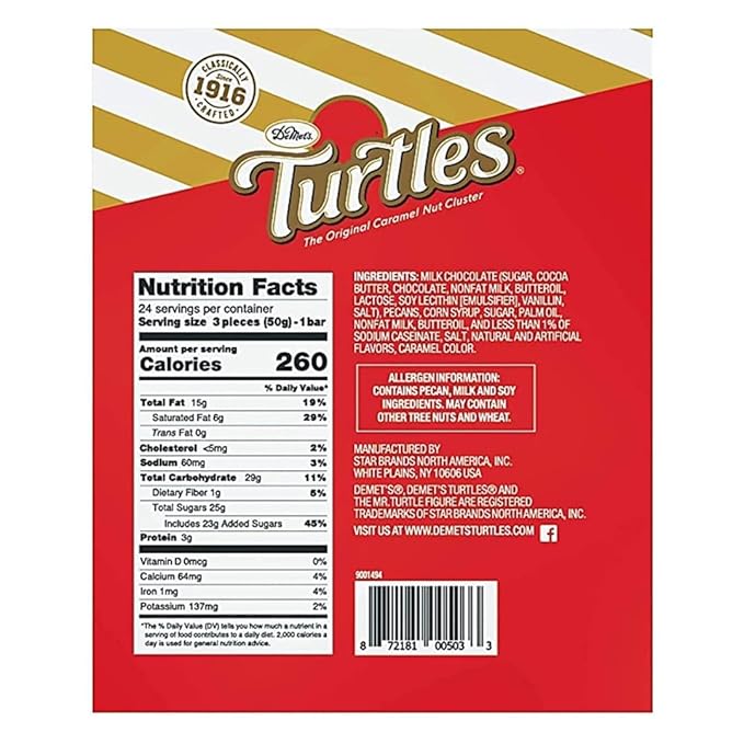 DeMet's Turtles Milk Chocolate Caramel Nut Cluster Bar (1.76 Ounce 3-Piece Bar 24 Count) Perfect Grab-N-Go Snack or Sit &amp Savor