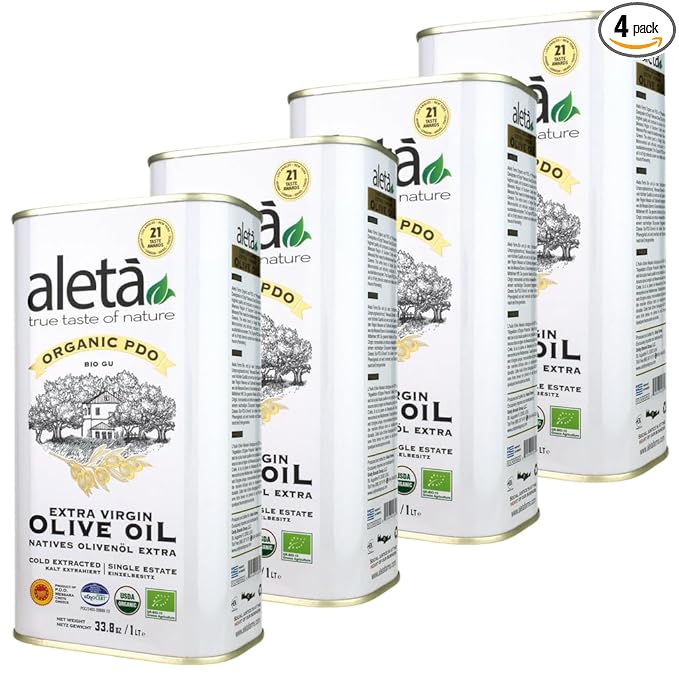 Aleta Farms Olive Oil Extra Virgin USDA Organic Single Estate PDO Polyphenol Rich Olive Oil Cold Pressed Global Gold Awards Kosher 33.8 Fl oz (1 Ltr) Pack of 4