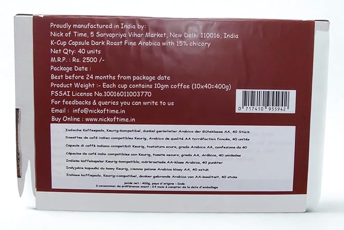 Nick of Time Chicory Blend Coffee K-Cups-Pods-Single Serve 100% Arabica AA Grade Dark Roast | Americano | Easy to use (Pack of 40)