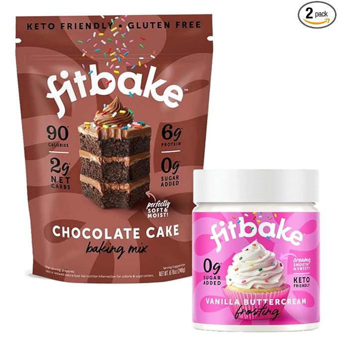 FitBake Chocolate Cake Baking Mix and Vanilla Frosting Bundle | 0g to 2g Net Carbs Per Serving | Keto Friendly Low Carb Food | Naturally Sweetened Keto Snacks | Gluten Free Desserts | No Added Sugar