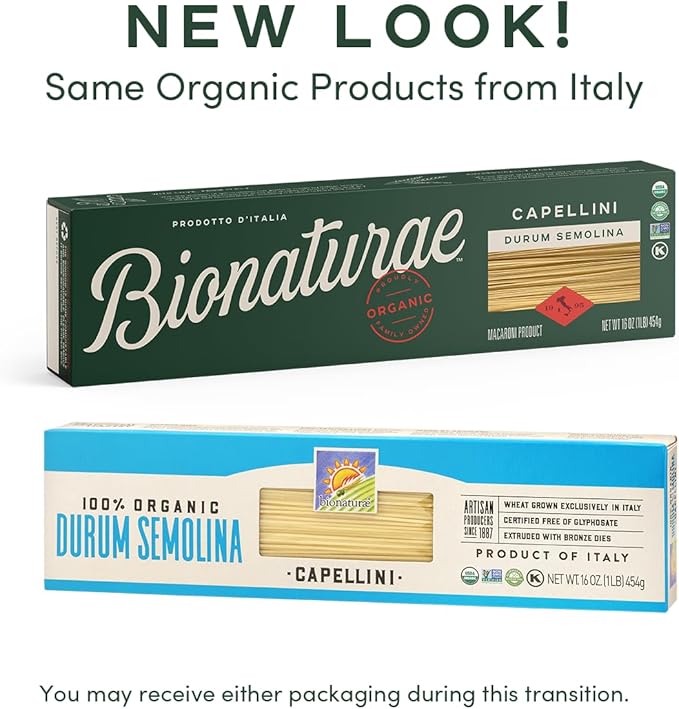 Bionaturae Capellini Pasta Noodles - Durum Semolina Pasta Kosher High Protein Non-GMO USDA Certified Durum Semolina Capellini Organic Capellini Pasta Crafted in Italy - 16 Oz 12 Pack