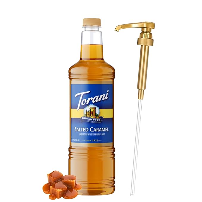 Torani Sugar Free Salted Caramel Syrup 1 Liter Bottle with Pump Dispenser – Zero Calorie Flavored Coffee Syrup for Lattes Cold Brews Teas Cocktails &amp Desserts – Keto Friendly