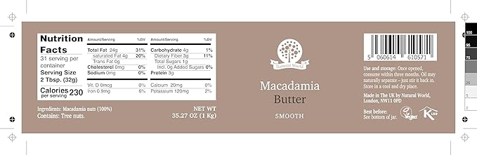 Nutural World - Smooth Macadamia Nut Butter 35 Oz (1kg) / 100% pure single ingredient