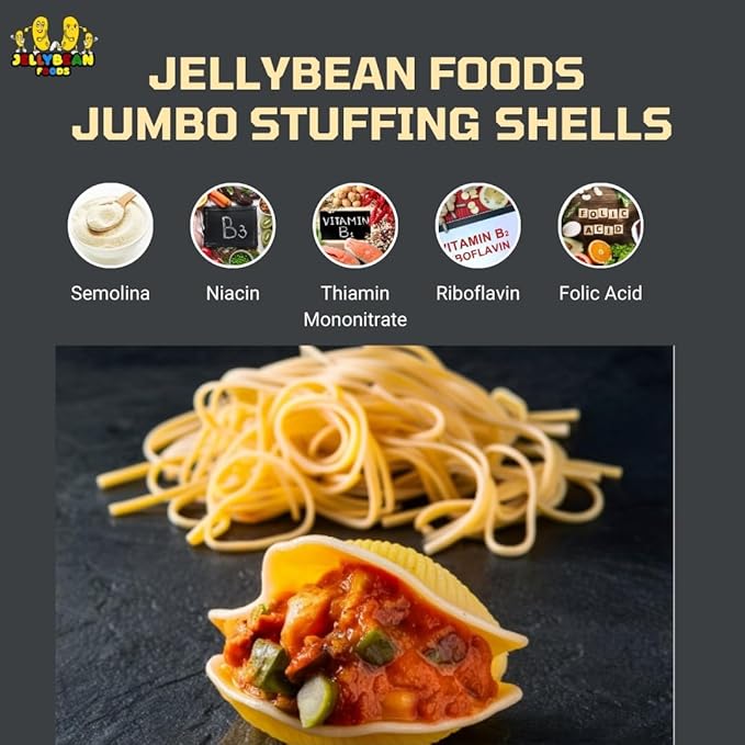 Jellybean Foods Jumbo Stuffing Shells Pasta - Large Pasta Shells for Stuffing - Coquille Pasta Shells - Jumbo Shells for Baking - Vitamin Enriched Easy-Stuff Shells for Creative Meals (2 LB)