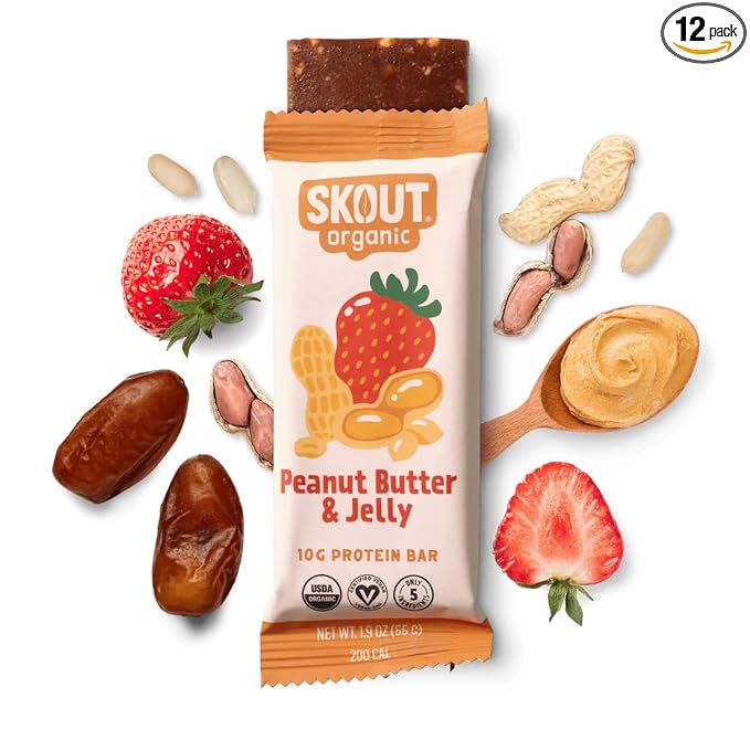 Skout Organic Plant-Based Protein Bars Peanut Butter &amp Jelly (12 Pack) - 10g Protein - Vegan Protein Bars - Only 5 Ingredients - Easy Snack - Gluten Dairy &amp Soy Free