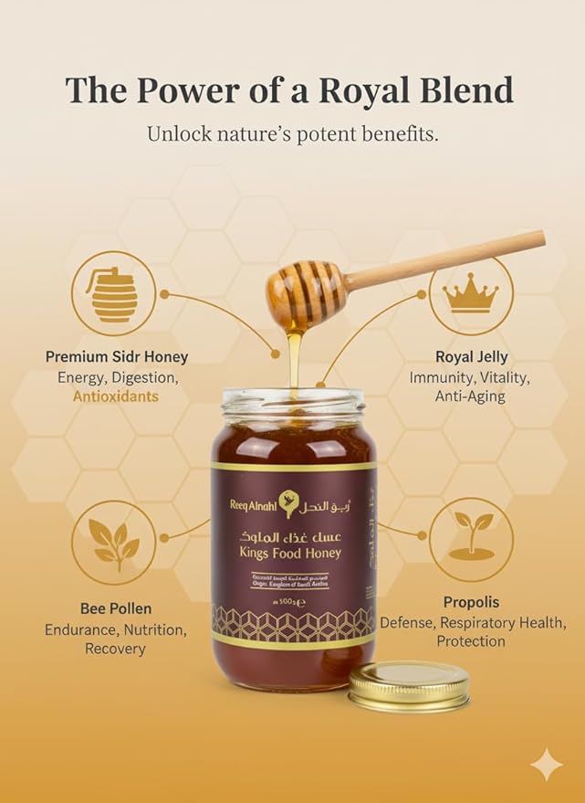 Reeq AlNahl Premium Sidr Honey with Royal Jelly Pollen &amp Propolis – Natural Functional Honey Blend – Raw Honey Superfood for Energy Immunity &amp Daily Use