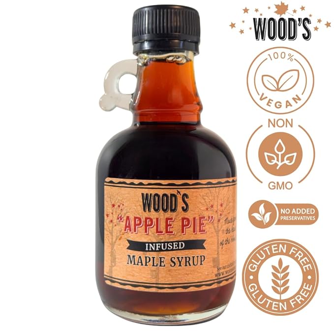 Wood’s Vermont Apple Pie Maple Syrup – Infused Vermont Maple Syrup with Warm Spices &amp Real Apple Flavor | Small-Batch Vegan Natural Sweetener | Perfect for Pancakes Ice Cream Cocktails &amp Ba