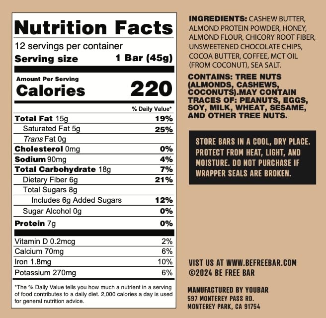 Be Free Bar Blondie Coffee (Box of 12 bars) No Seed Oils. 7g Muscle Building Protein and 6g Prebiotic Chicory Root Fiber which helps promote regularity and maintain a healthy gut microbiome especiall