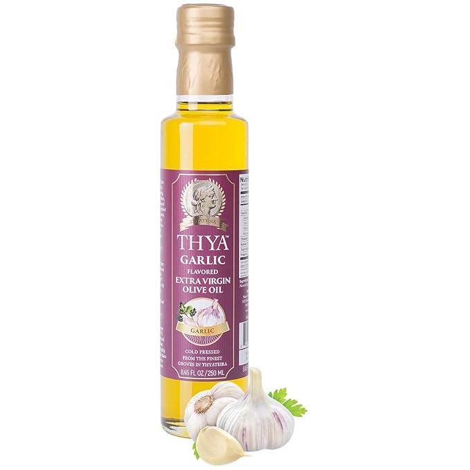 THYA Garlic Flavored Extra Virgin Olive Oil Cold Pressed Olives EVOO for Salad Dressing and Cooking (8.45 fl oz/ 250ml)