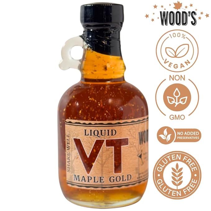 Wood’s Liquid Maple Gold – Vermont Maple Syrup with Real 24K Gold Flakes – Vegan Plant-Based Sweetener – Small Batch Artisanal Luxury Syrup for Gifting Cocktails and Gourmet Cuisine – 8.45 oz Gla
