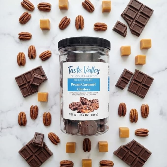 Taste Valley Milk Chocolate Pecan Caramel Clusters – 30 oz Bulk Jar | Gourmet Turtle Candy | Kettle-Cooked Caramel | Holiday Gift | Office Sharing | Sweet Crunchy Indulgence