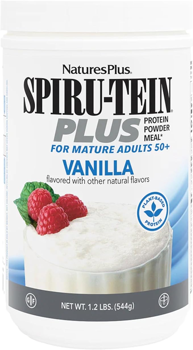NaturesPlus SPIRU-TEIN Plus Vanilla - 1.20 lb - Plant-Based Protein Powder with D3 Biotin for Adults 50+ - Vitamins &amp Minerals for Energy &amp Well-Being - Vegetarian Gluten Free - 16 Servings