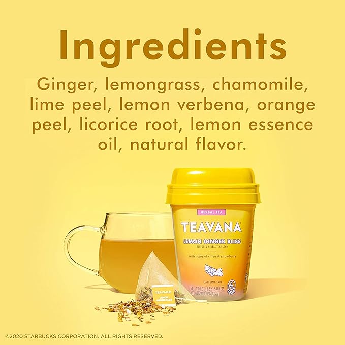 Teavana Beach Bellini and Lemon Ginger Bliss Herbal Tea - 12 Sachets Each (24 Total) Plus 12 GoHealthful Pure Raw Organic Honey Sticks Equal to 2.11 Ounces of Clover Honey