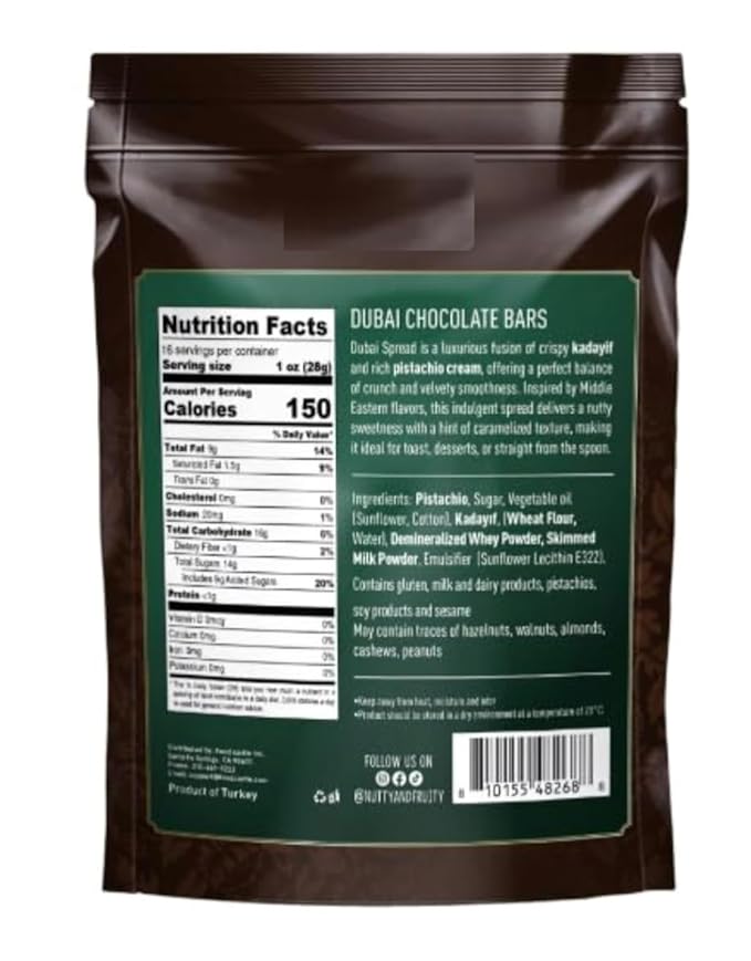 Dubai Chocolate Bars Milk Chocolate with Pistachios and Kadayif Individually Wrapped 16 oz