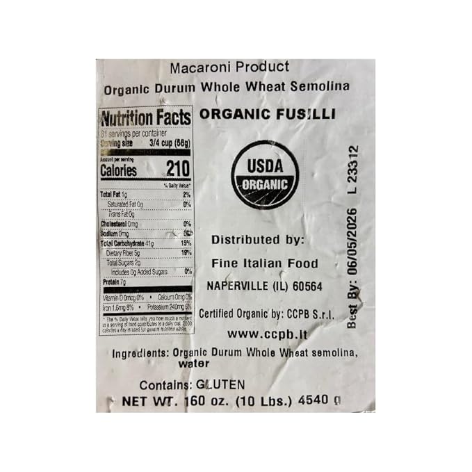 Mantova Organic Durum Whole Wheat Fusilli Pasta 160 oz. (10 lbs.) (Pack of 1) Product of Italy Traditional Bronze-Die Slow-Dried Rotini Pasta Made with 100% Italian All-Natural Whole Wheat Bul