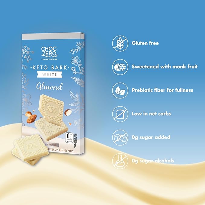ChocZero Keto Bark White Chocolate Almond No Added Sugar High Fiber Low Carb No Sugar Alcohols No Artificial Sweeteners 3.2 Ounce (Pack of 4)