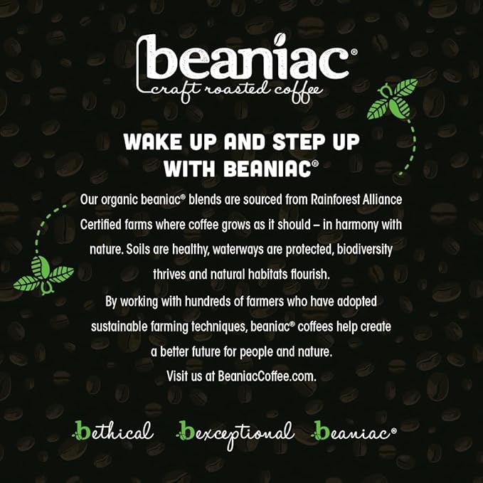 beaniac Organic Downtime Decaf Swiss Water Decaffeinated Medium Roast Single Serve Compostable K Cup Coffee Pods Organic Arabica Coffee Keurig Brewer Compatible 30 Count