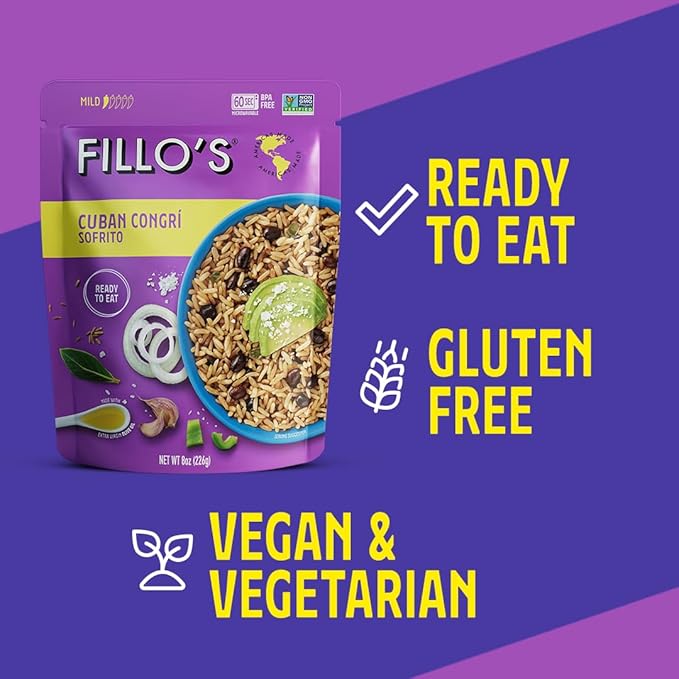 Fillo's Cuban Congri - Black Beans and Rice Ready to Eat Rice with Beans 8 oz Pk of 6 Gluten-Free Preservative-Free Microwavable Meals Non-GMO Vegan