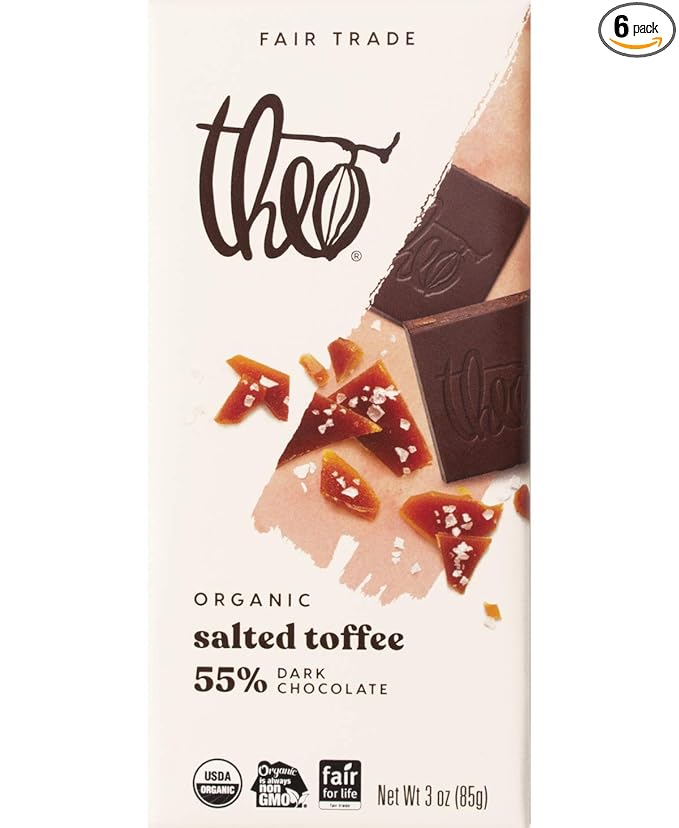 Theo Chocolate Salted Toffee Organic Dark Chocolate Bar 55% Cacao 6 Pack | Fair Trade