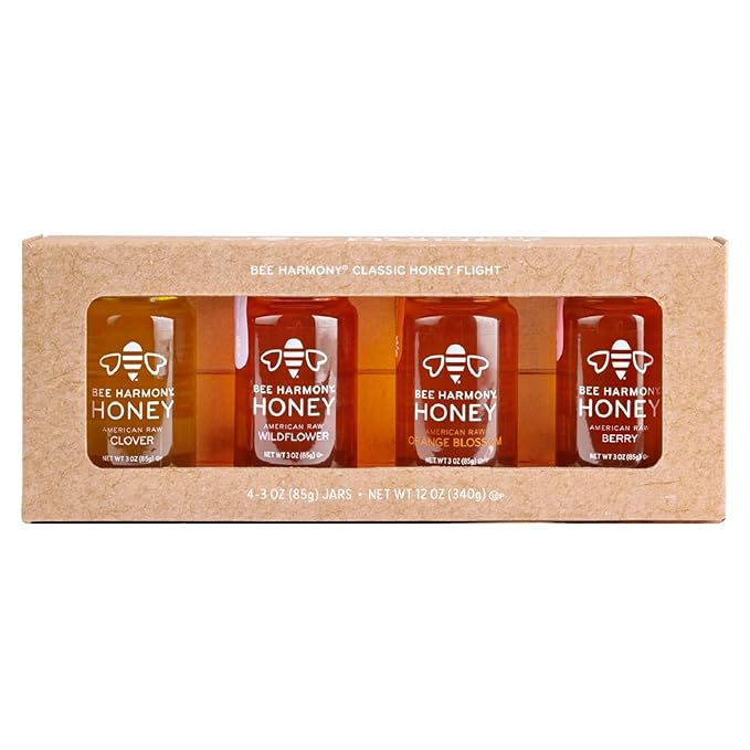 Bee Harmony Classic Honey Flight Mini Honey Gift Set 4 Jars 3 OZ Each Premium Raw Made in the USA