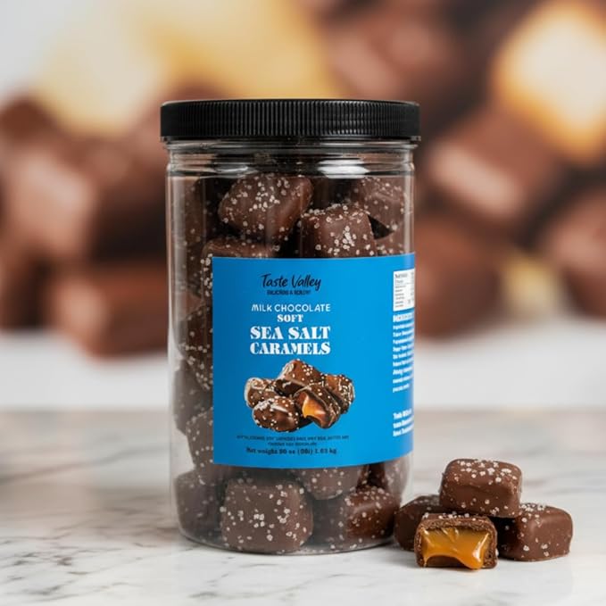 Taste Valley Milk Chocolate Sea Salt Caramels 36 oz Bulk Resealable Jar | Soft &amp Chewy Gourmet Caramel Candy | Sweet &amp Salty Chocolate Covered Treats for Holiday Gifts Office Candy Bowls &am