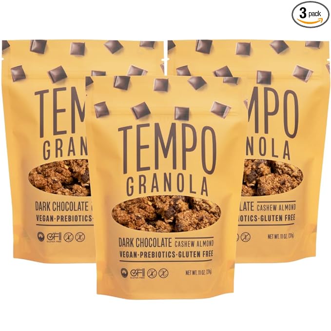 Tempo Granola Dark Chocolate Cashew Almond Loose Granola - 3 Pack of 11 oz Bags - Nutrient-Rich Gluten Free Vegan Oats High Protein Low Sugar Vegan Dairy Free Soy Free Vitamin E Prebiotics F
