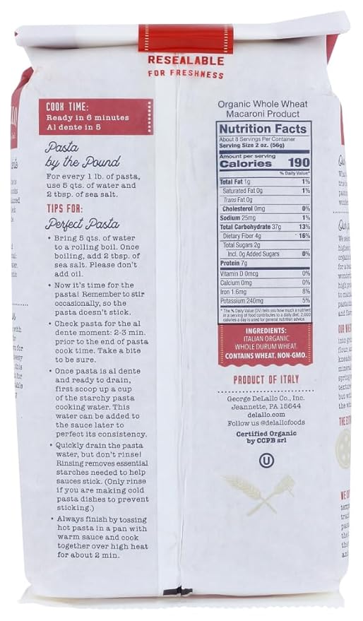 DeLallo Elbows No. 52 100% Organic Whole Wheat Pasta 16 oz (454 g)(Pack of 3)