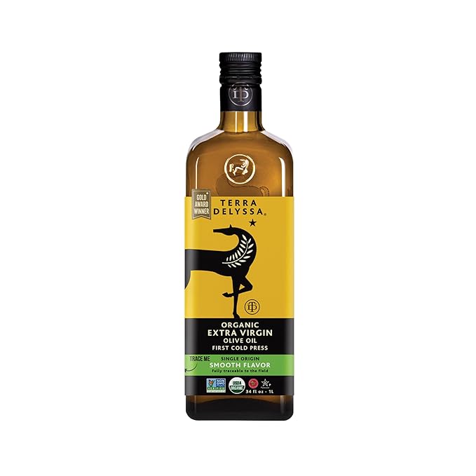 Terra Delyssa First Cold Pressed Organic Extra Virgin Olive Oil Single Sourced 1 L (34 fl. oz) Dark Glass Bottle - 1 Pack Non-GMO Naturally Rich in Antioxidants and Polyphenols