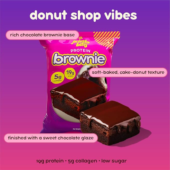 Prime Bites High Protein Brownie (12 Per Box Chocolate Glazed Donut) - 19g of Protein 5g of Collagen Gluten Free Low Sugar Treat Delicious Protein Snack