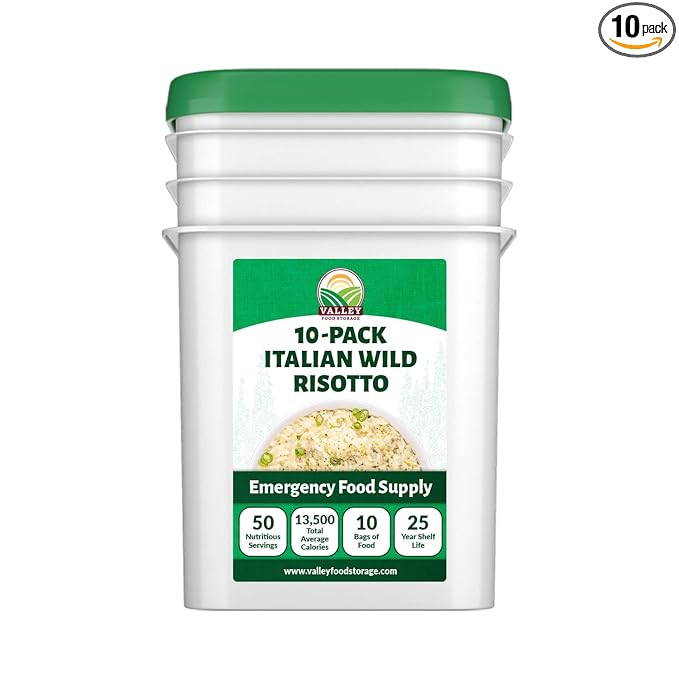 Valley Food Storage Italian Wild Risotto | 10-Bag Bucket 50 Servings | Premium Emergency Food Supply 25 Year Shelf Life | Survival Meal Kits Prepper Food Camping &amp Off-Grid Living | Packaged i