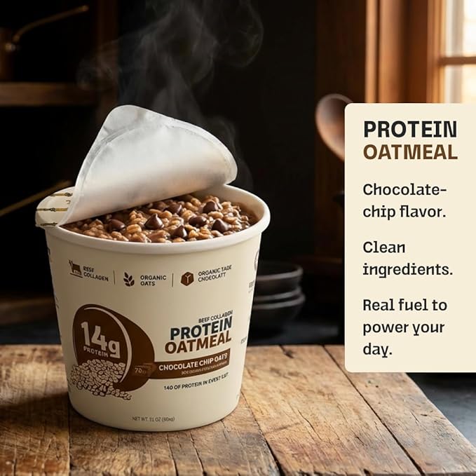 Beef Cakes Beef Collagen Protein Oatmeal (12 Pack Dark Chocolate Chip) – 14g Protein Clean Ingredients No Dairy or Seed Oils – High Protein Breakfast for Athletes