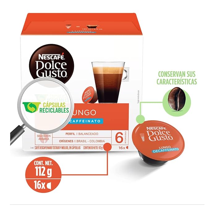 Nescafe Dolce Gusto Coffee Pods Lungo Decaffeinato 16 capsules Pack of 3