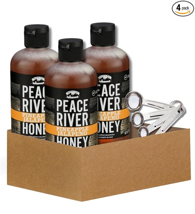 3x Peace River Honey Honey Pineapple Jalapeno 12 OZ Bundle with Measuring Spoon Set – Sweet and Spicy Blend with Pineapple Heat Plus Stainless Measuring Tools – Gift Set (4 Items)