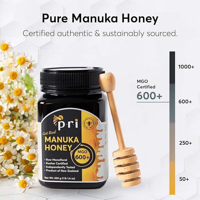 P.R.I Manuka Honey MGO 600+ High‑Potency Monofloral New Zealand Honey Cool‑Processed &amp QR‑Traceable (500g/1.1lb)