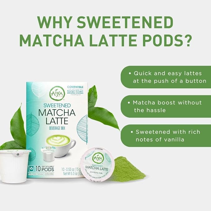 Aiya Creamy Matcha Latte Pods - Authentic Matcha with Rich Notes of Vanilla Convenient Single-Serve Pods (10 Count Sweetened)