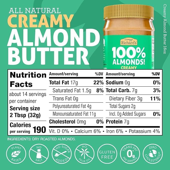 Crazy Richard's 100% All-Natural Creamy Dry Roasted Almond Butter with No Added Sugar and Non-GMO (16 Ounce Pack of 2)