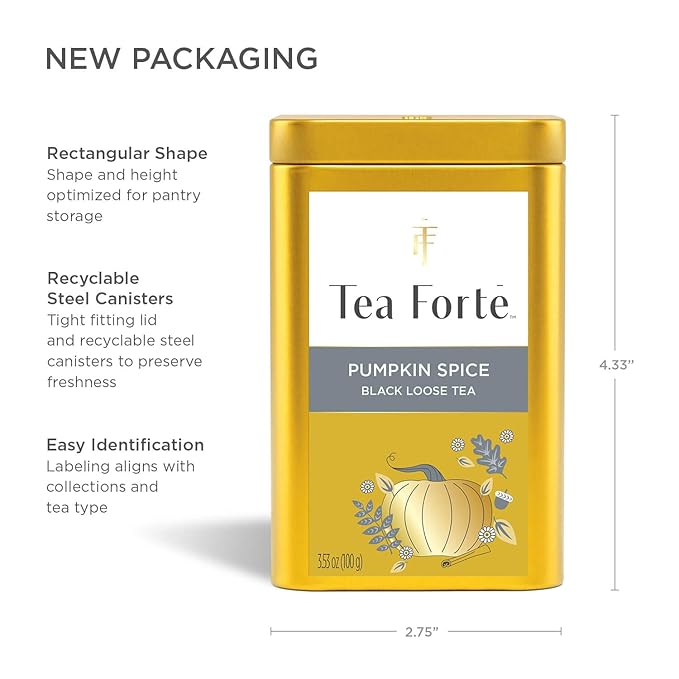Tea Forte Pumpkin Spice Premium Loose Leaf Caffeinated Black Tea Blend Canister Makes 35-50 Cups