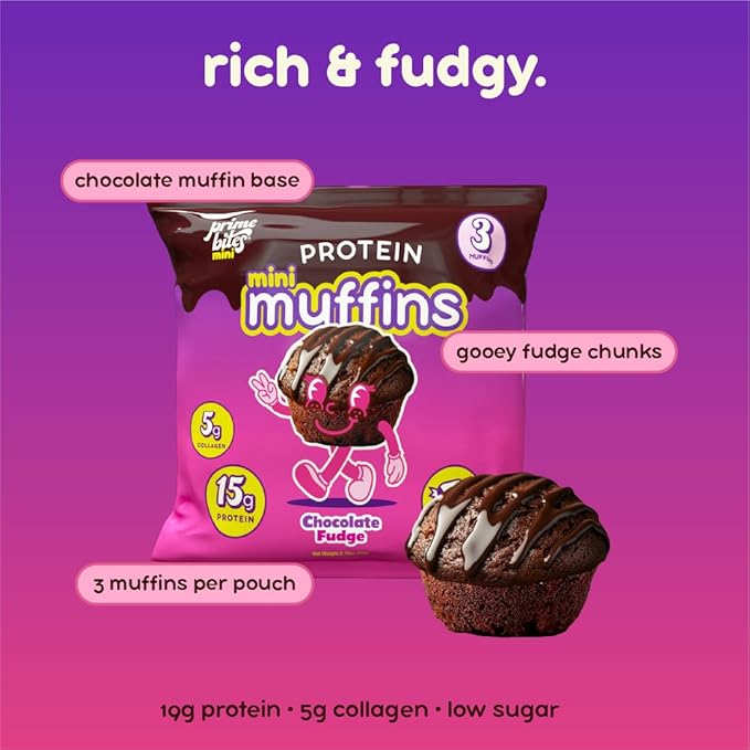 Prime Bites Minis - High Protein Muffin (12 Per Box Chocolate Fudge) - 15g of Protein 5g of Collagen Gluten Free Low Sugar Treat Delicious Protein Snack