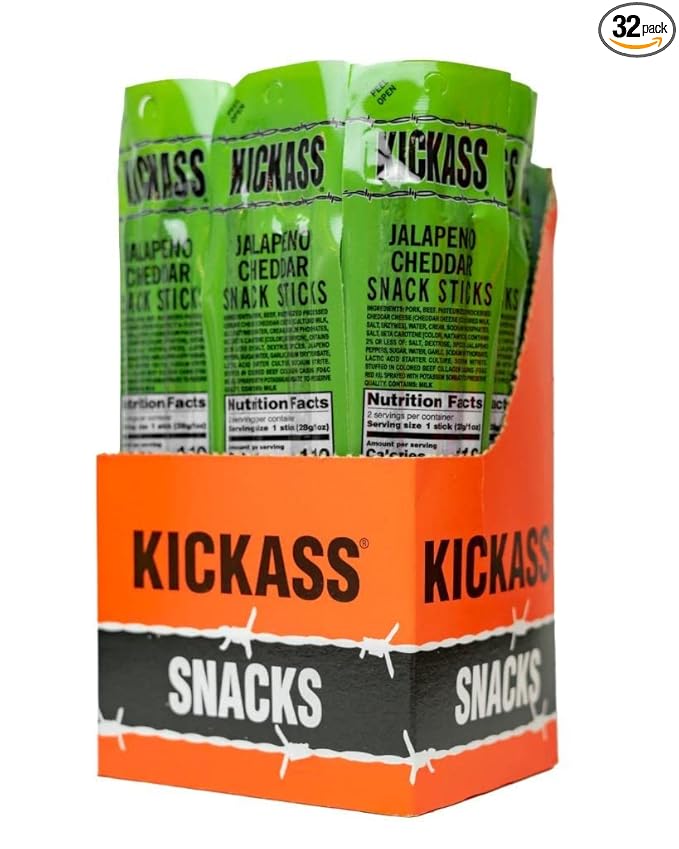 Kickass Jalapeño Cheddar Snack Sticks 16ct Case - 2oz Twin Packs of Pork and Beef Jerky Meat Sticks - Beef Sticks Meat Snacks - Jerky Sticks