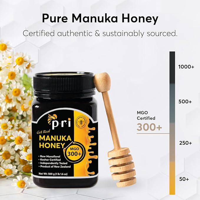 P.R.I Manuka Honey MGO 300+ Elevated‑Potency Monofloral New Zealand Honey Cool‑Processed &amp 100% Traceable (500g/1.1lb)