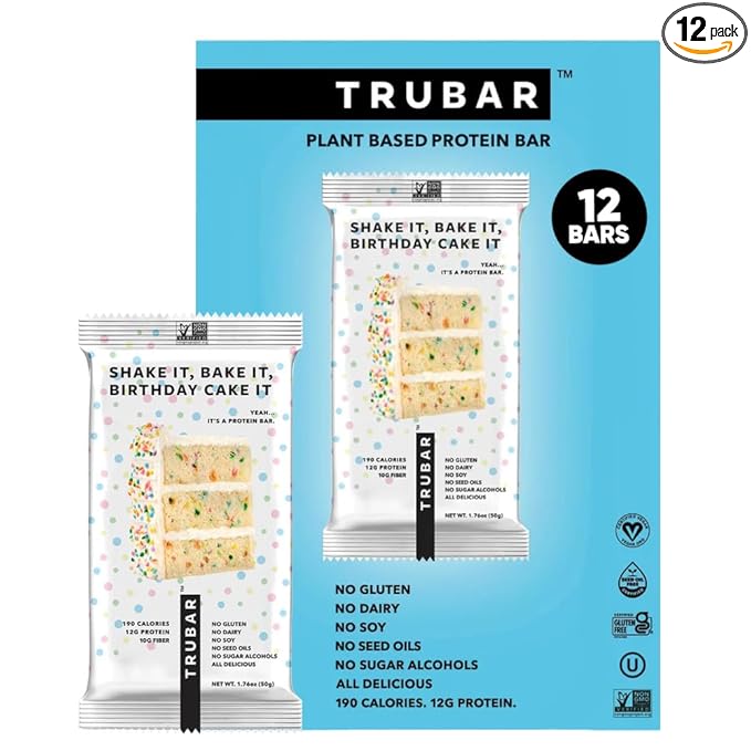 TRUBAR Vegan Protein Bar Shake it Bake it Birthday Cake it Gluten Free Plant Based Protein Dairy Free Non GMO Soy Free No Sugar Alcohols 12G Protein 12G Fiber 23G Carb Snack Bars 12ct